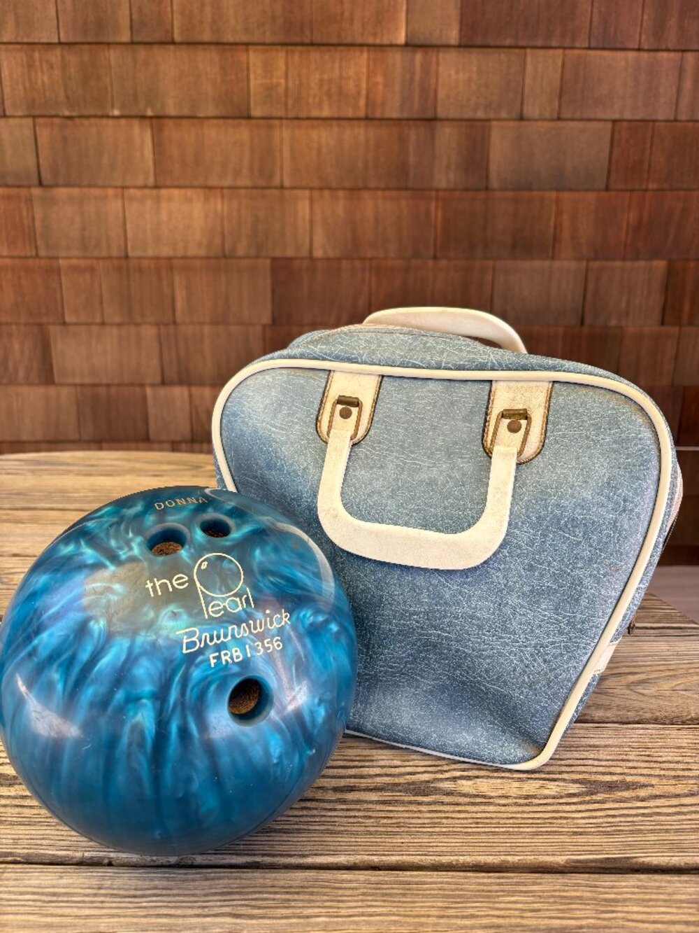 Drilled Vintage Brunswick the Pearl Blue 10 Lb. Bowling Ball FRB1356 with Bag